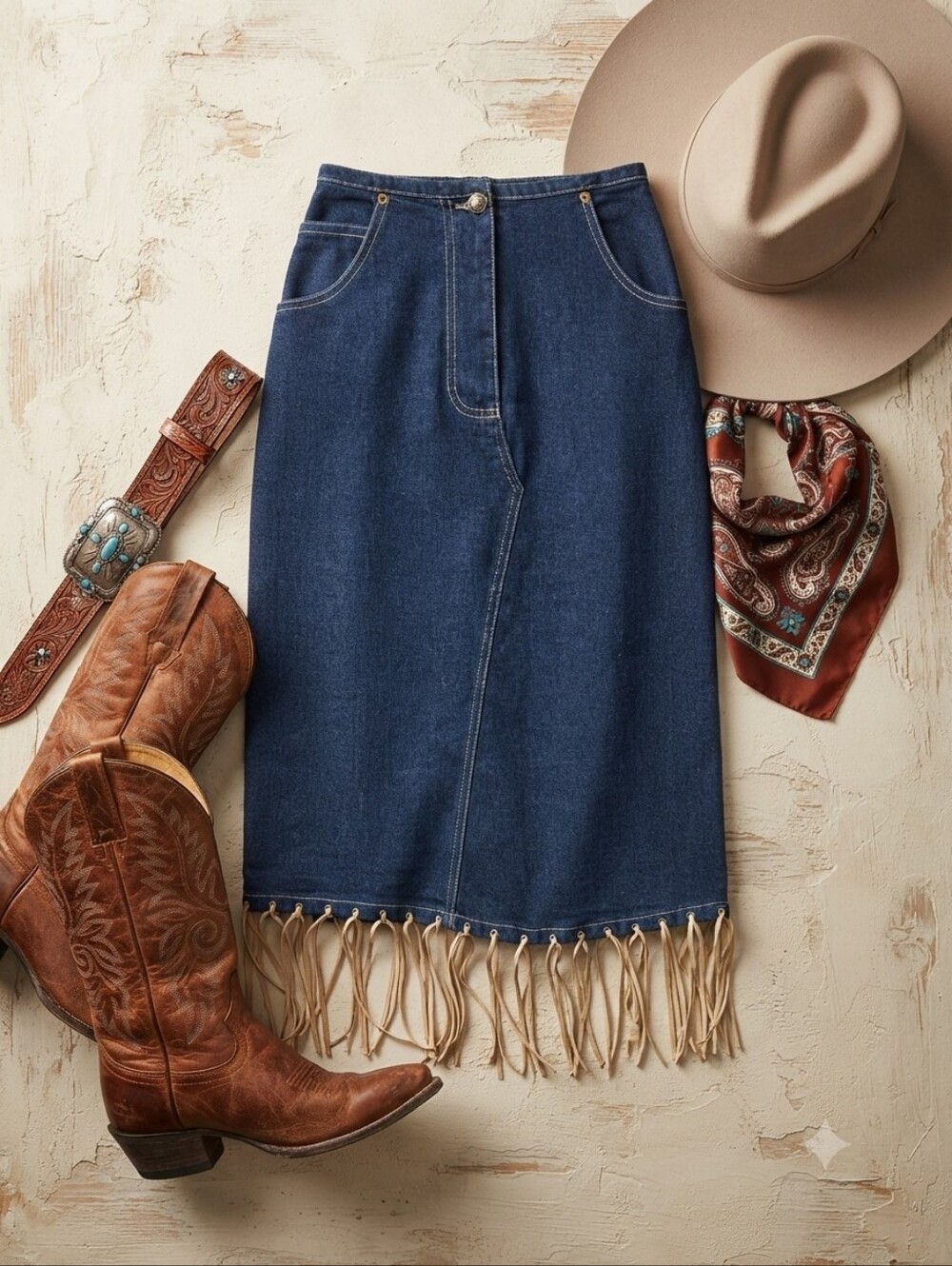 Vintage Erica Brooke Dark Wash Stretch Denim Fringe Midi Skirt
